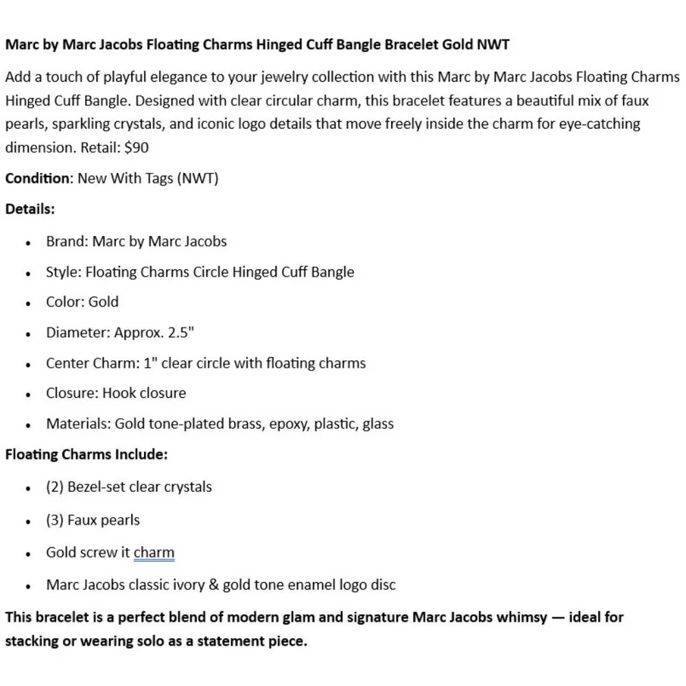 Marc by Marc Jacobs Floating Charms Hinged Cuff Bangle Bracelet Gold NWT - Picture 2 of 6